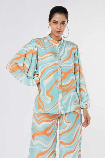 Buy Blue Flow Print Band Collar Shirt And Pant Set For Women by Leela ...