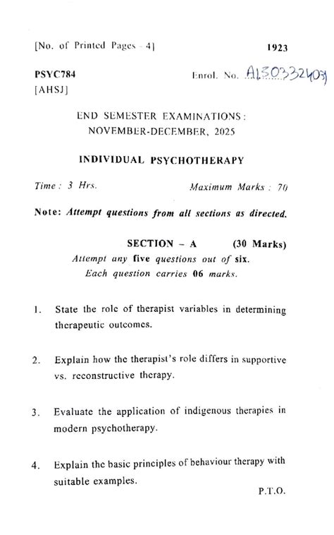 PSYC784 End Semester Exam: Individual Psychotherapy Notes - Studocu