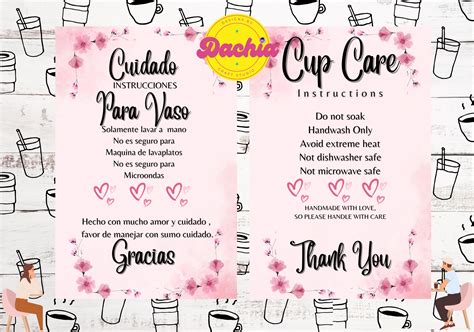 Cup Tumbler Care Instructions Card Spanish and English Small Business ...