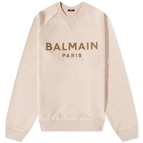 Balmain Men's Flock & Foil Paris Logo Crew Sweat in Nude/Taupe Balmain