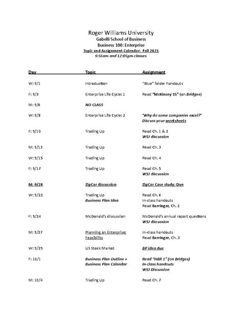 Roger Williams University Academic Calendar - prntbl ...