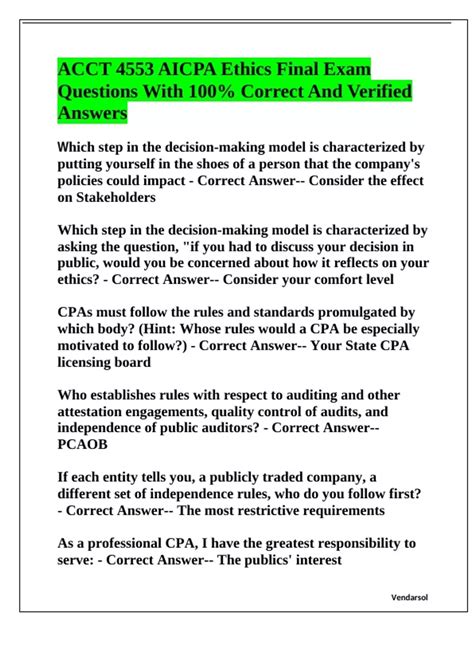ACCT 4553 AICPA Ethics Final Exam Questions With 100% Correct And ...