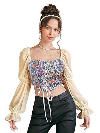 ICW Women Retro Style Floral Jacquard Square Neck Smock Long Puff ...