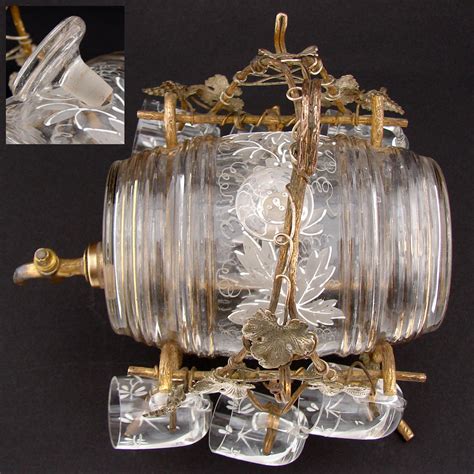 Antique French Aperitif Liqueur Service, Lg Barrel, Six Cups, Gilt Wir ...