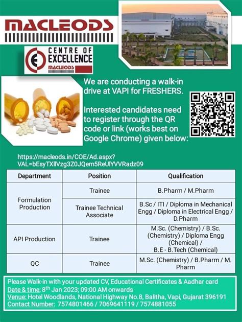 Macleods: We are conducting a walk-in drive at VAPI for FRESHERS.on 8th ...