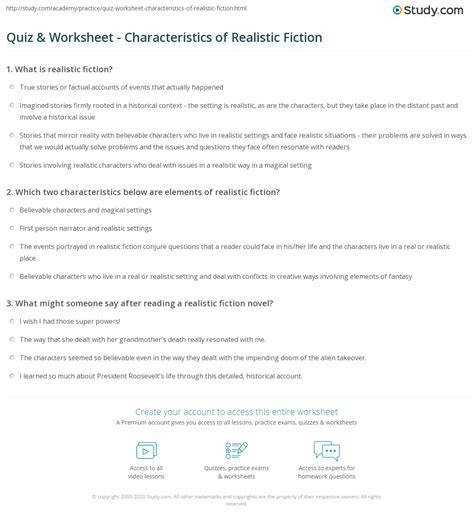 Quiz & Worksheet - Characteristics of Realistic Fiction | Study.com