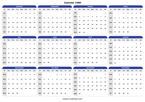 1980 Calendar - Free Yearly Printable
