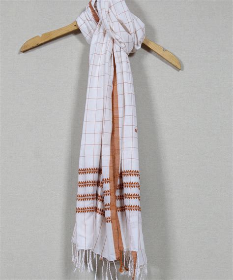 Cream brown checked handloom cotton assam stole – GoSwadeshi
