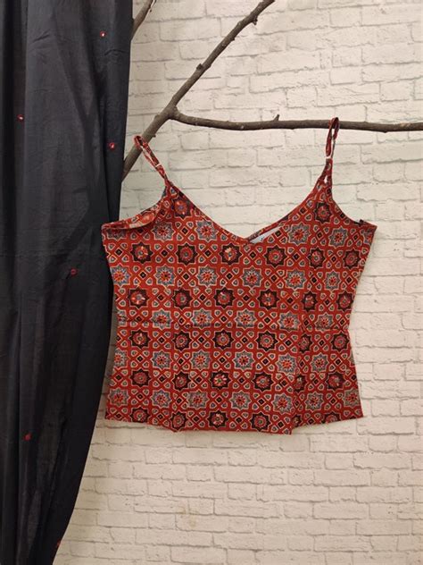 Red Ajrakh Hand Block printed Spaghetti Strap Top – Kasaa Hues