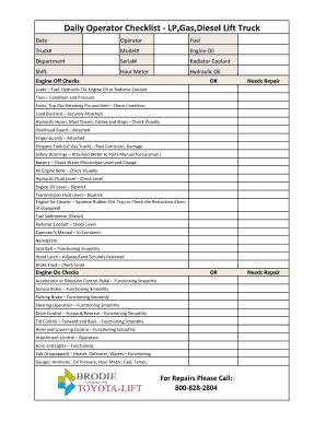 Daily Operator Checklist - LP,Gas,Diesel Lift Truck 2020-2026 - Fill ...