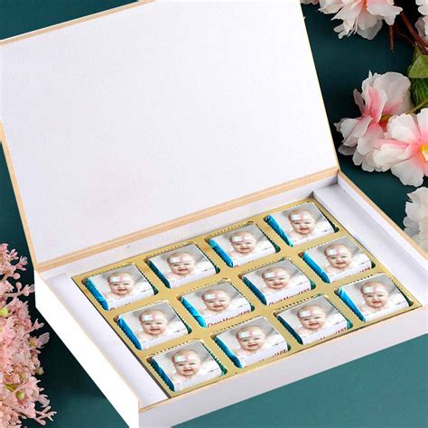 Colourful flowery designed personalised chocolates baby announcement ...