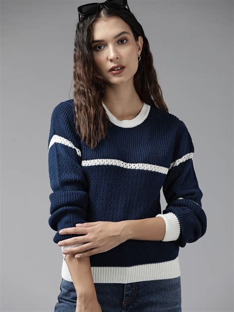 Buy Roadster Women Navy Blue & White Striped Pullover - Sweaters for ...
