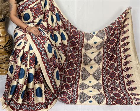 Ivory Shade Ajrakh Modal Silk Saree – SAMA by Rakhi