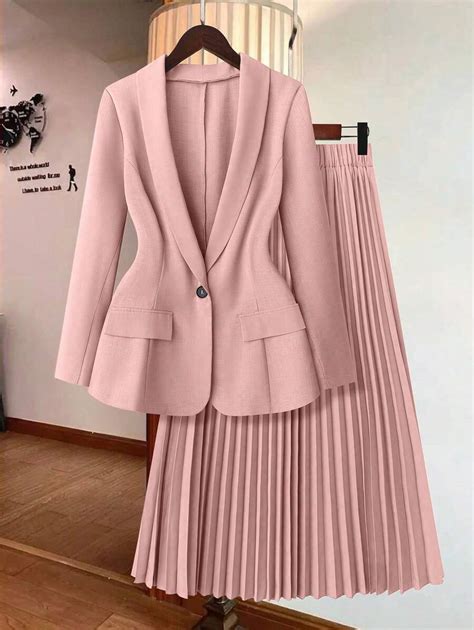 SHEIN Clasi Plus Size Women Solid Long Sleeve Blazer And Knee Length ...