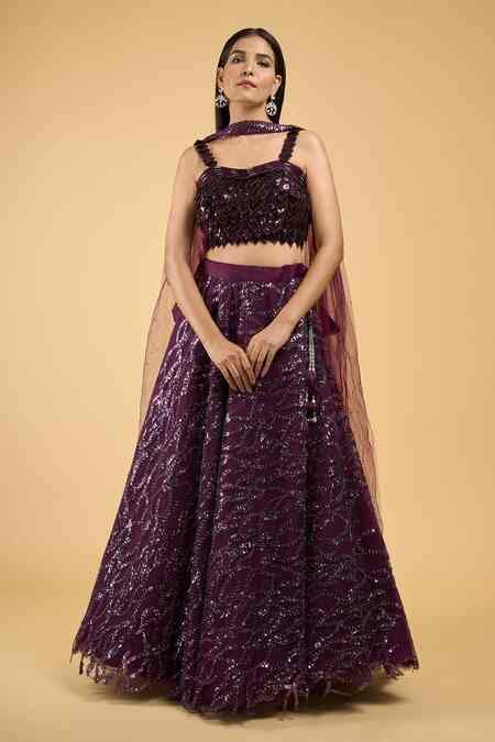 Buy Purple Net Embroidery Sequin Sweetheart Neck Lehenga Set For Women ...