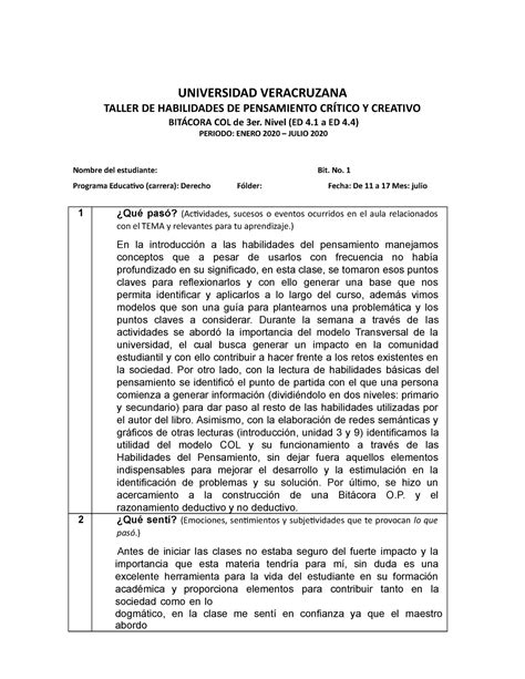 Act03 Formato de bitacora COL de tercer nivel - UNIVERSIDAD VERACRUZANA TALLER DE HABILIDADES DE ...