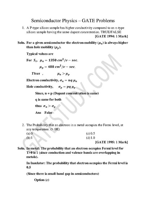 GATE Semiconductor Physics Numericals: Comprehensive Problem Set - Studocu