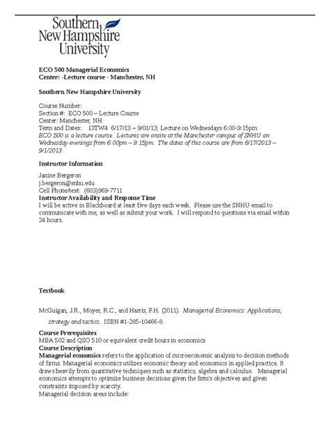 ECO 500 Managerial Economics Syllabus 2013 SNHU - ECO 500 Managerial ...