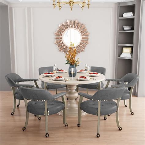 Modern Kitchen Table with 6 Rolling Chairs for Flexible Dining