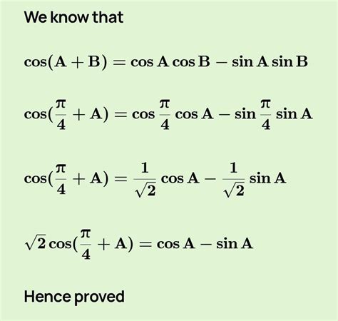 √2cos(x/4+A)=cosA-sinA - Brainly.in
