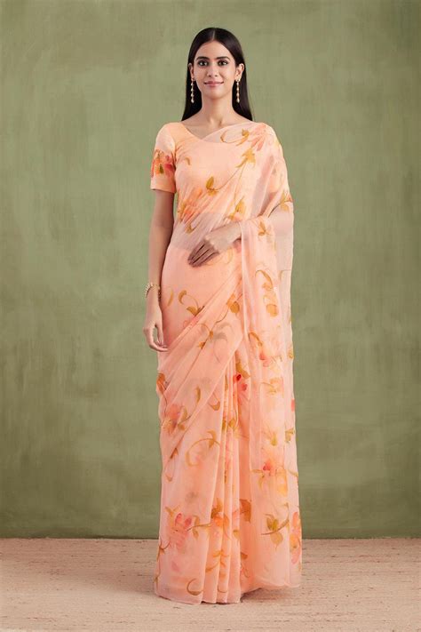 Orange Hand Painted Chiffon Saree with Mukaish Work – Geroo Jaipur