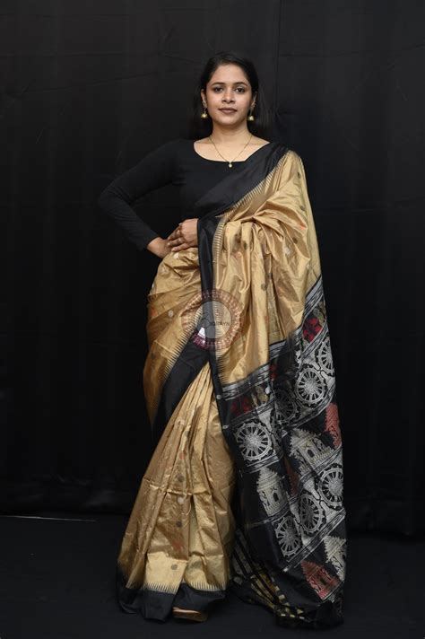 Light Golden Black Konark Temple Chakra Sambalpuri Exclusive Silk Sare