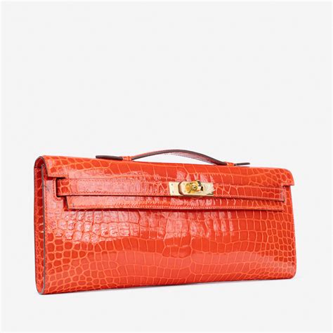 Hermès Kelly Cut Clutch Porosus Crocodile Orange Poppy | SACLÀB