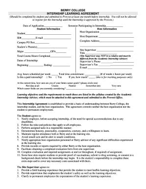 Fillable Online berry BERRY COLLEGE INTERNSHIP LEARNING AGREEMENT Fax ...