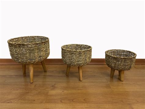 Buy Brown Rattan & Wood Floor Planter | Round Flower Pot Set of 3 For ...