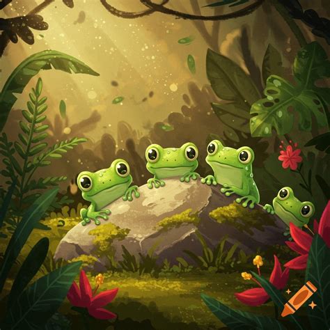 Four cute cartoon frogs with big eyes peek out from behind a mossy rock in a lush, sun-dappled ...