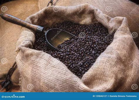 Arabic Coffee Beans and Scoop in a Jute Sack. Roasted Coffee Beans ...