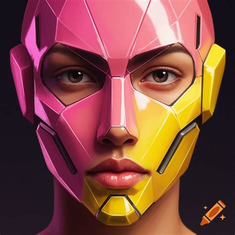 Close-up of a person wearing a geometric mask that is pink on one side ...