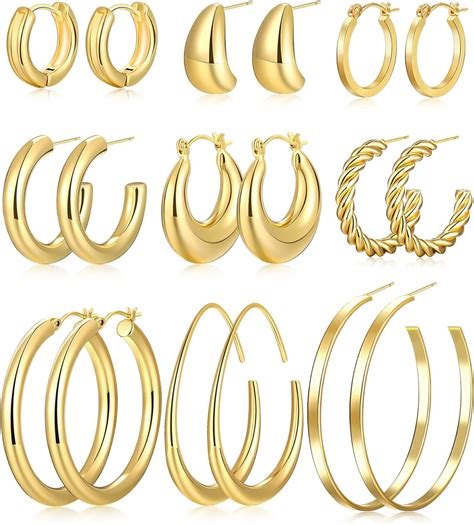 9 Pairs Chunky Gold Hoop Earrings Set for Women, 14K Gold Plated ...