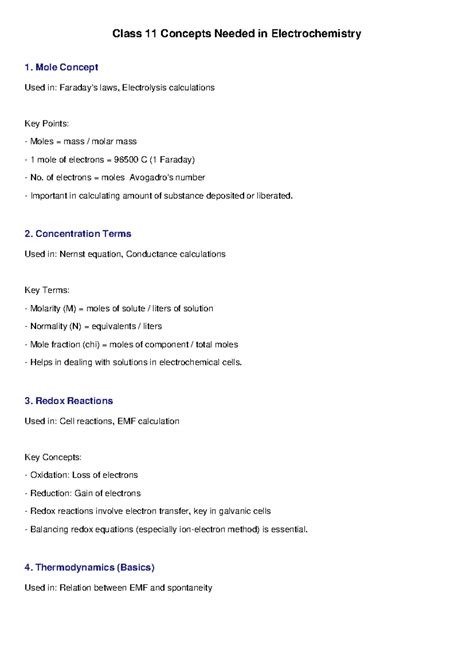 Class 11 Electrochemistry Concepts: Moles, Redox, and Thermodynamics ...