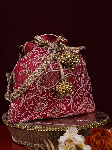 Ada Red Silk Lucknowi Chikankari Potli – Ada Chikan