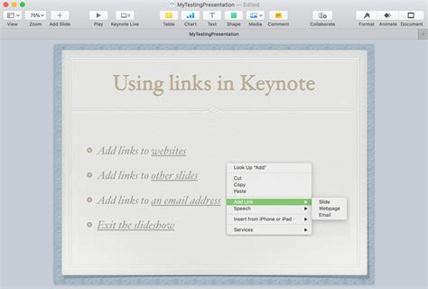 How to add links in Keynote to a webpage, other slide or email address