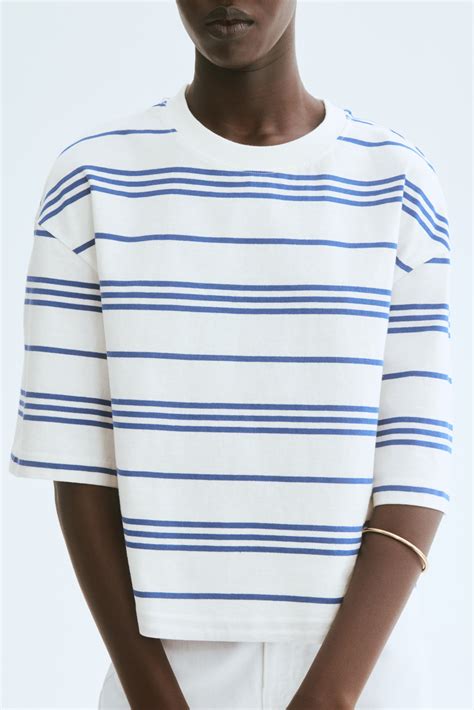 Cropped T-Shirt - White/blue striped - Ladies | H&M PH