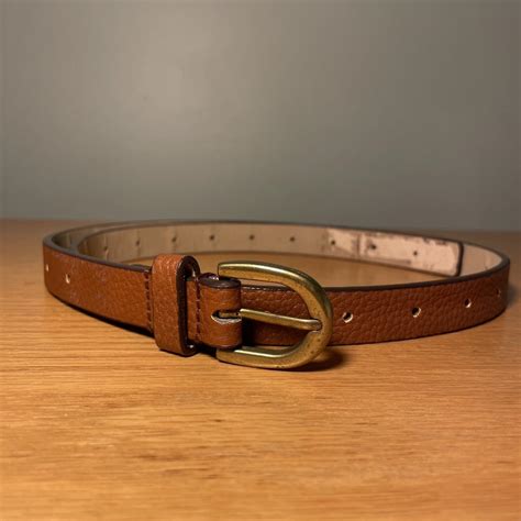 Vintage Skinny Brown Leather Belt with Round Gold... - Depop