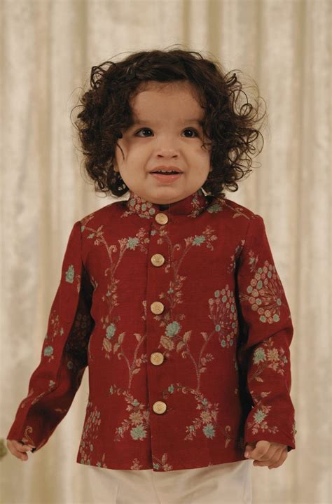 Pre-Order: Boy floral jacquard Bandhgala-Red– Peonyy Kids