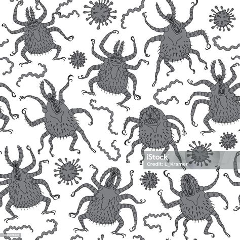 Vector Seamless Pattern Cartoon Tick Borrelia Bacillus And A Tickborne ...