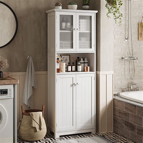 Tall Bathroom Storage Cabinet with Glass Doors, 1 Middle Open Compartm ...