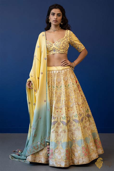 'Ziba' Light Yellow Pure Katan Silk Banarasi Handloom Lehenga Set - Tilfi