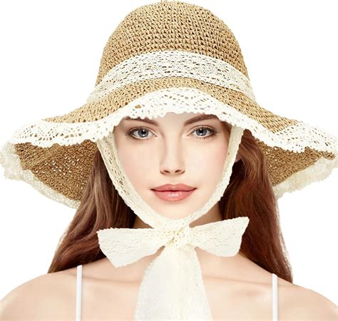 Women Straw Sun Hat with Lace Foldable Beach Hat Wide Brim Floppy ...