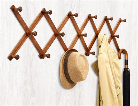 Amber Home Wood Accordion Wall Rack 17 Hooks (Pegs), Expandable Wall ...