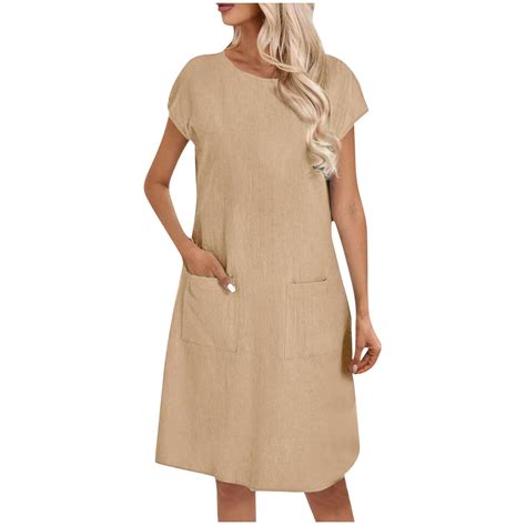 CHGBMOK Women's Casual Dresses Summer Round Neck Linen Solid Raglan ...