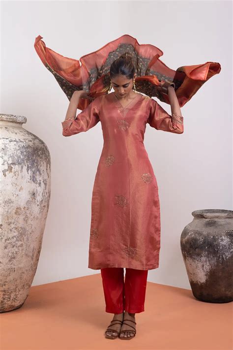 PAYAL Pine Orange Tissue Silk Kurta Suit Set with Elegant work Detaili