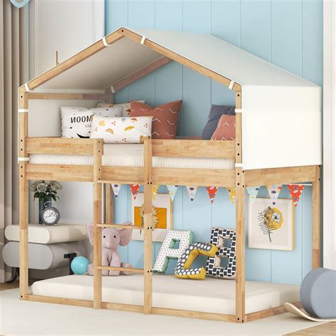 Euroco Buy Kids Twin Tent House Bunk Bed, Natural at Ubuy India