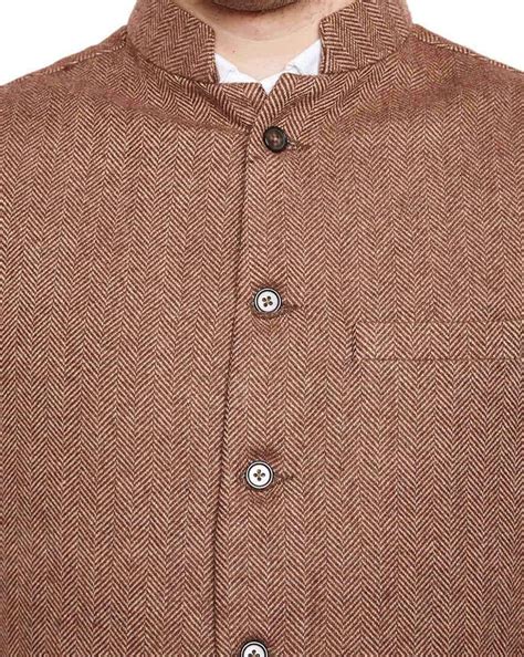 Buy Brown WINTAGE Chevron-Woven Waistcoat with Stand Collar | AJIO