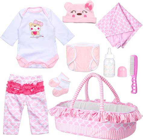 Amazon.com: 9 PCS Reborn Baby Doll Clothes Set with Pink Bassinet ...