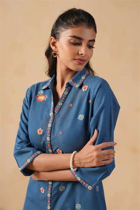 Blue Denim Embroidered Desinger Kurta Pant Set – Savi India